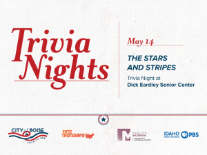 Poster for &ldquo;Trivia Nights&rdquo; on May 14 with the theme &ldquo;The Stars and Stripes.&rdquo; The event is a trivia night at Dick Eardley Senior Center. Logos for City of Boise, First Thursday@Jump, Idaho State Museum, and Idaho PBS appear at the bottom.