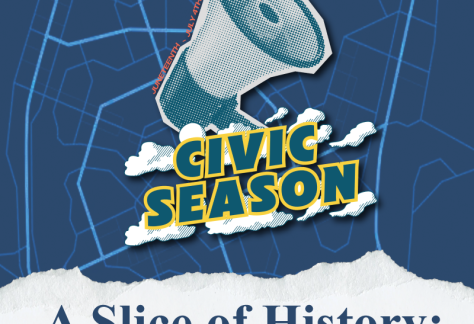 Image of megaphone with the words "Civic Season" underneath and the event title "A Slice of History: Civic Bites and Historic Sites"