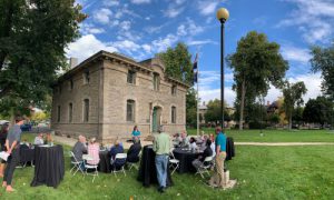 Speaking Event on the Lawn of the Beautiful State Historic Preservation Office