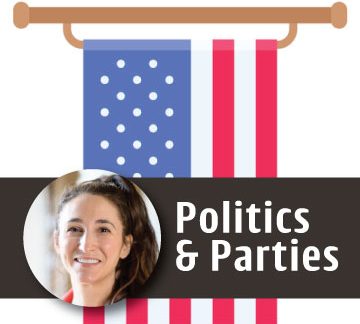 Graphic of an American flag hanging vertically, with a circular headshot of a woman overlaid on the left and the text “Politics & Parties” displayed across a dark horizontal banner.