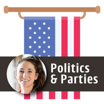 Graphic of an American flag hanging vertically, with a circular headshot of a woman overlaid on the left and the text “Politics & Parties” displayed across a dark horizontal banner.