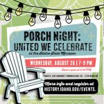 Graphic with title "Porch Night: United We Celebrate" with program information below with a patio chair and hanging lights.