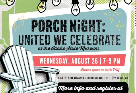 Graphic with title "Porch Night: United We Celebrate" with program information below with a patio chair and hanging lights.