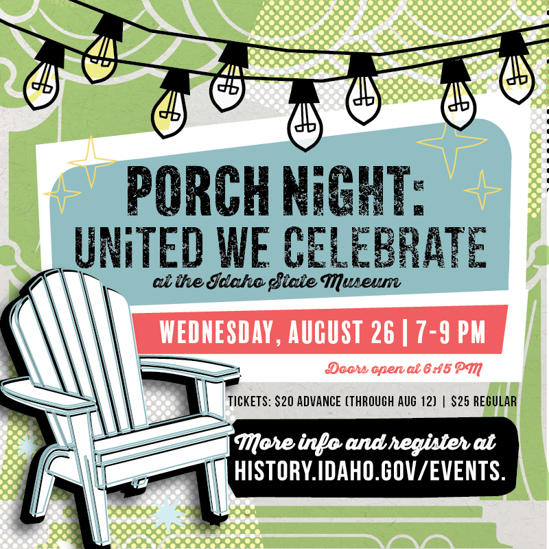 Graphic with title "Porch Night: United We Celebrate" with program information below with a patio chair and hanging lights.
