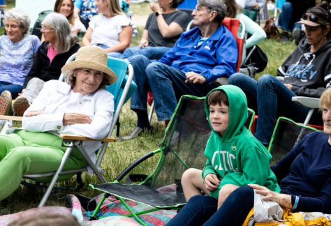 People of various ages sitting in low-back lawn chairs on grass.