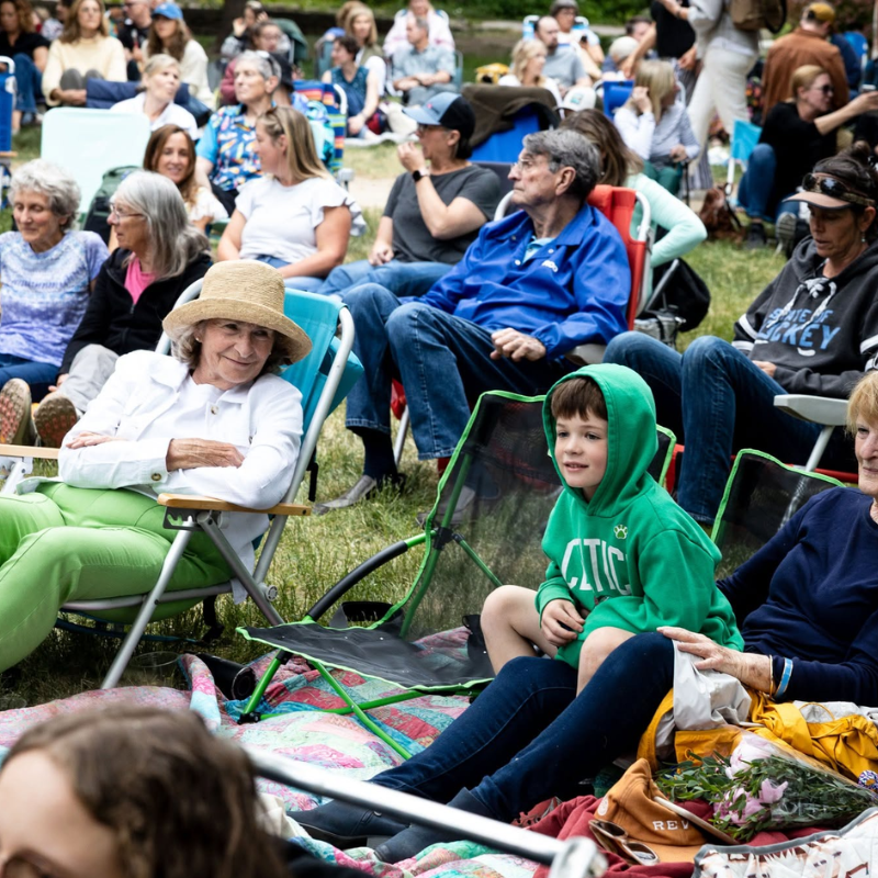 People of various ages sitting in low-back lawn chairs on grass.