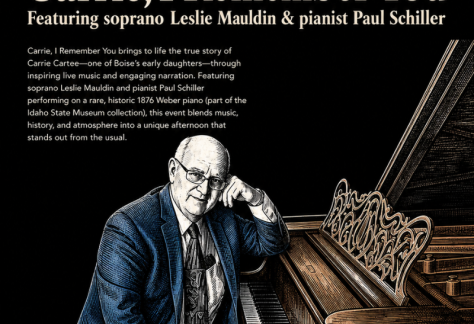 Black background with cream-colored text reading &ldquo;Gemma Arts Presents Carrie, I Remember You.&rdquo; Subheading: &ldquo;Featuring soprano Leslie Mauldin & pianist Paul Schiller.&rdquo; Includes event description, and at the bottom is an illustrated portrait of a man in a blue suit seated thoughtfully beside an ornate antique piano.